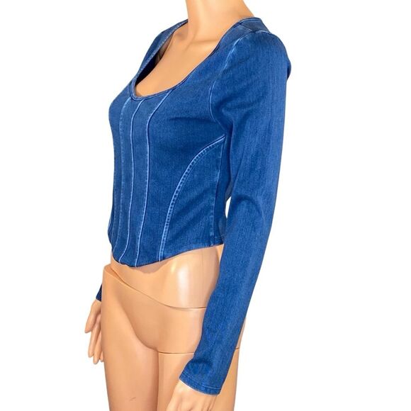 Express NWT Y2K Style Denim Crop Top Square Neckline Womens Size Sm Long Sleeve - Picture 2 of 5